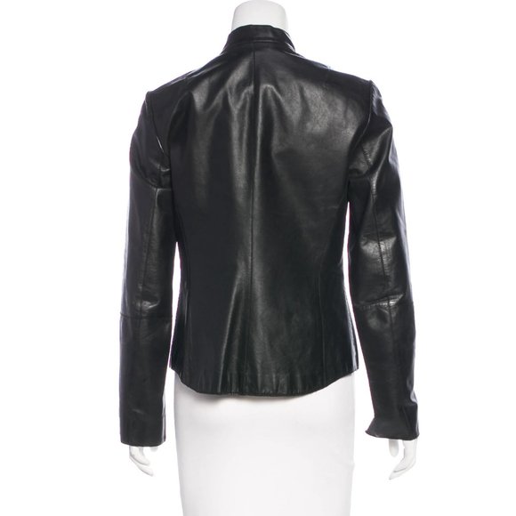 Leather Short Hem Blazer Jacket KENNETH COLE Black Banded Collar Womens M 6 8 - Picture 2 of 11